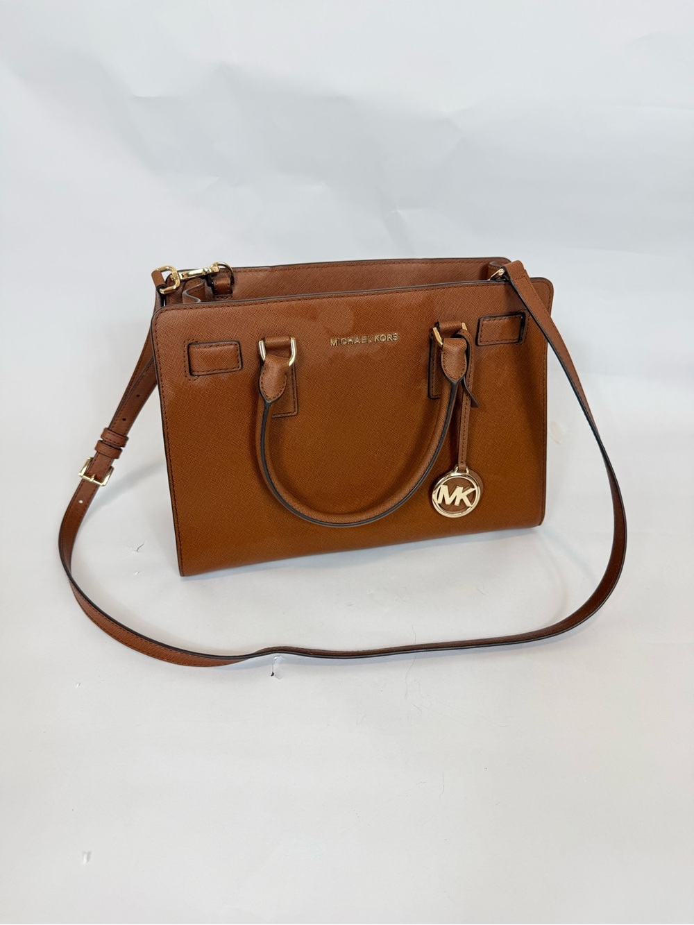 Michael Kors Cognac Saffiano Leather Satchel with MK Charm Dillon
